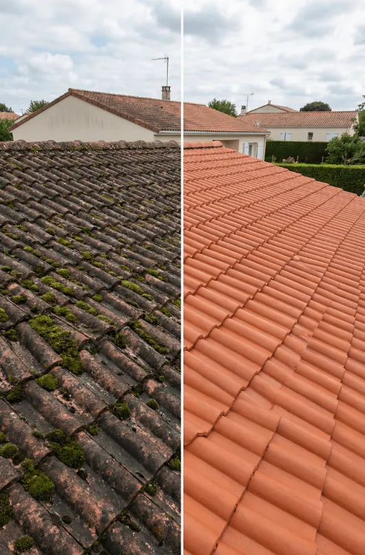 Avant après d'un nettoyage de toiture réalisé par TA Couverture