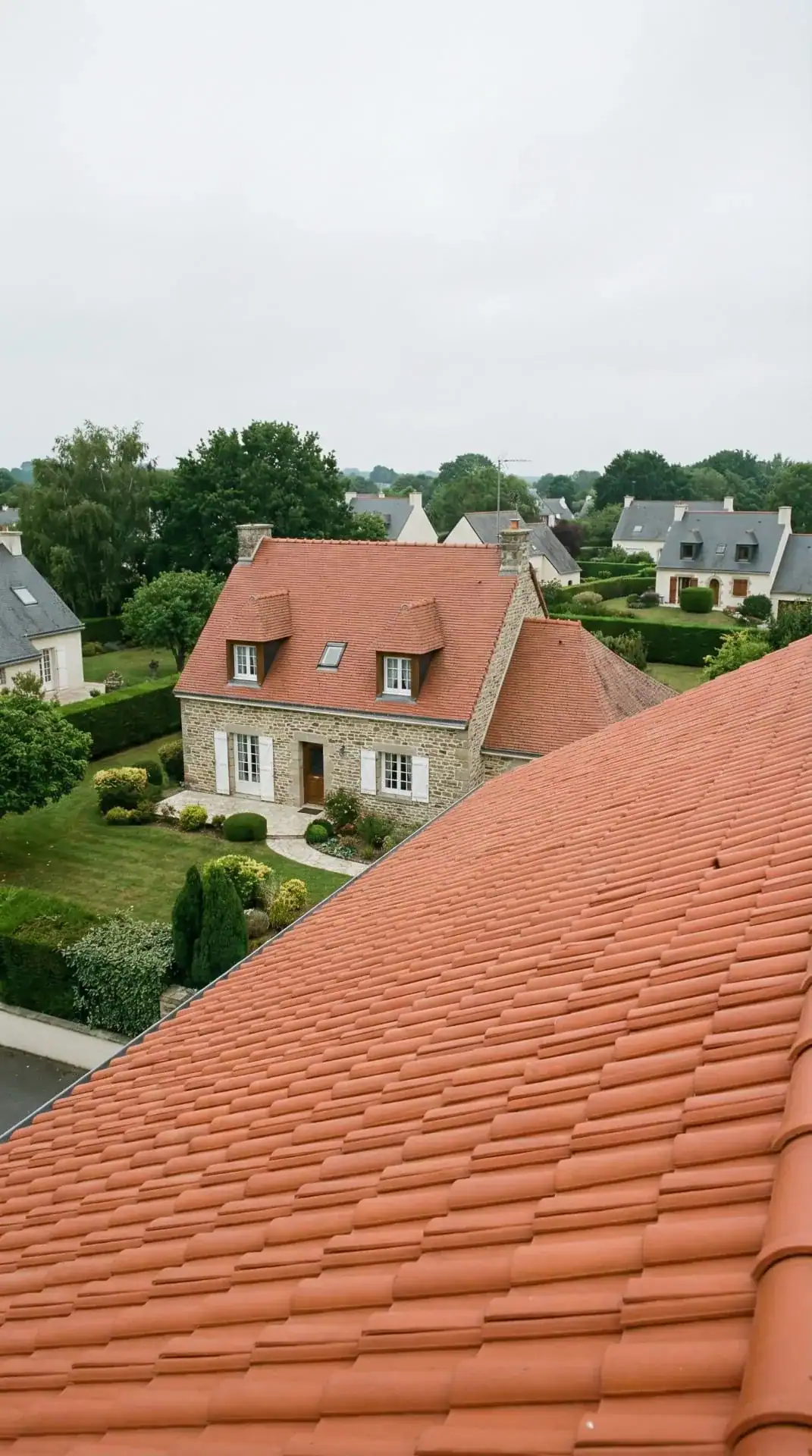 Toiture en tuiles nettoyée avec vue d'ensemble
